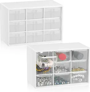 2 Pcs Mini Storage Drawers Teacher Toolbox Organizer with 9 Clear Drawers Small Plastic Desktop Teacher Desk Craft Organizer for Classroom Office 7" x 3. 9" x 4. 7"(White)