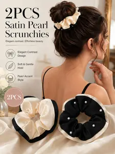 2Pcs Satin Pearl Scrunchies for Women Girls Elegant Style, Soft Elastic Hair Ties with Smooth Silk-Like Fabric and Decorative Faux Pearls, Large Ponytail Holders for Thick Thin Hair, Daily Styling, Party, Date, Travel and Gift Hair Accessories