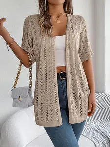 Spring Summer Casual Plain Hollow Out Breathable Short Sleeve Knit Cardigan, Fitted Half Sleeve Sun Protection Sweater for Women