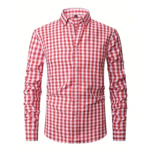[PlaidPatternShirt]ClassicPlaidLongSleeveButtonDownLapelShirt-Men'sSpringAutumnCasualTrendyTopsMenswearPolyesterFabricChecked��Red��tracksuitsmen