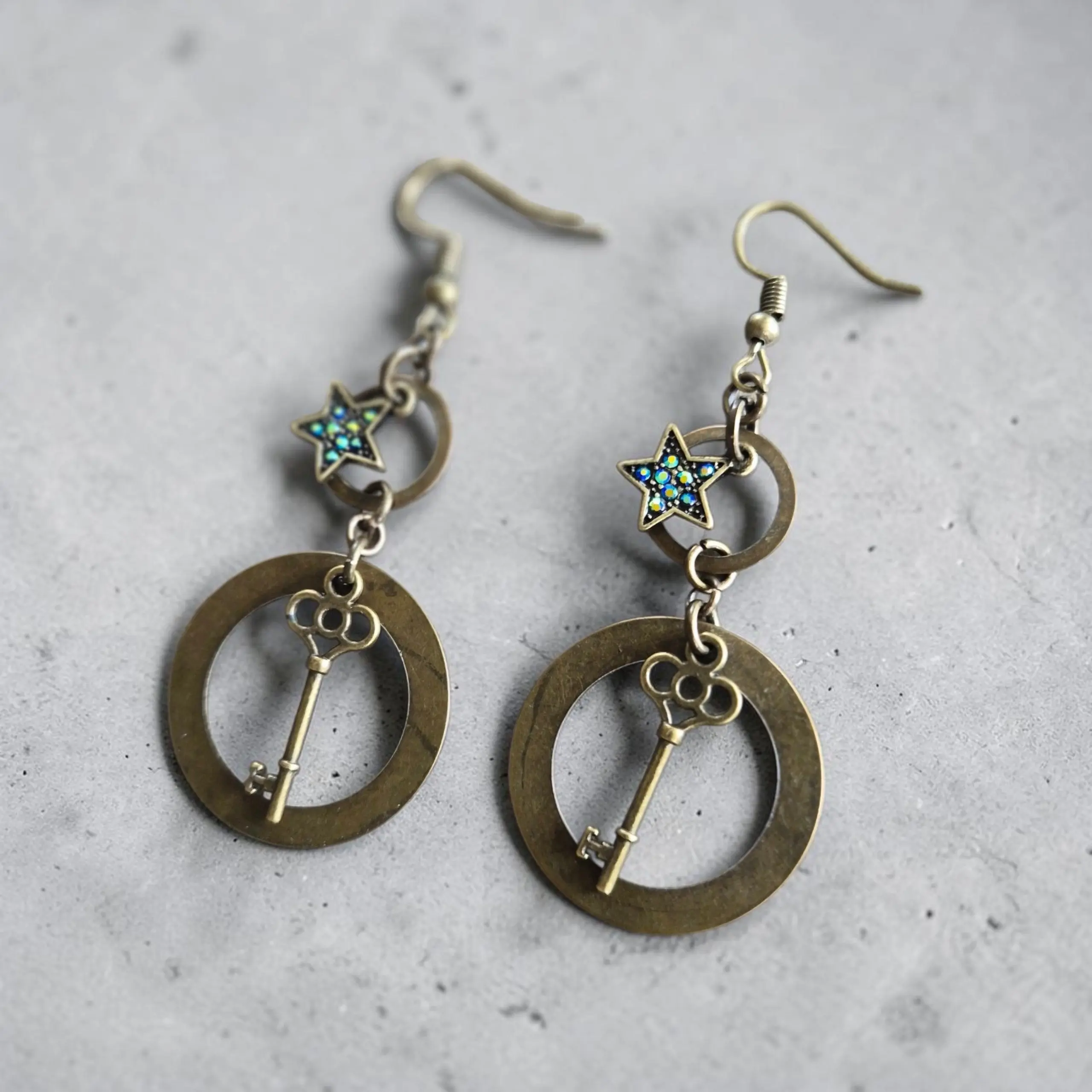Brass Faerie Keys and Shimmering Stars Upcycled Dangle Earrings
