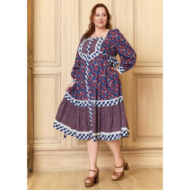 GUNNE SAX for ModCloth Veronica Midi Dress 100% Cotton Floral Print Long Sleeve Button Front (XS-4X)