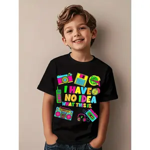 80s 90s Retro Graphic T-Shirt - Vintage 80s 90s Nostalgia Boys & Girls Tee With Cassette Tapes, 's Cube & Neon Colors - Soft Breathable Short Sleeve Round Neck Casual Playwear For 80s 90s Themed Parties & Everyday Outfits