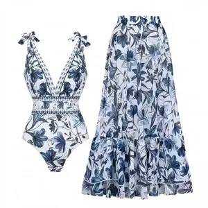 Women's Floral Print One-Piece Bathing Suit & Cover Skirt Set - Slim V-Neck Swimdress Summer Beach, Pool & Resort Vacation Wear swimsuit women spring glow,summervibes