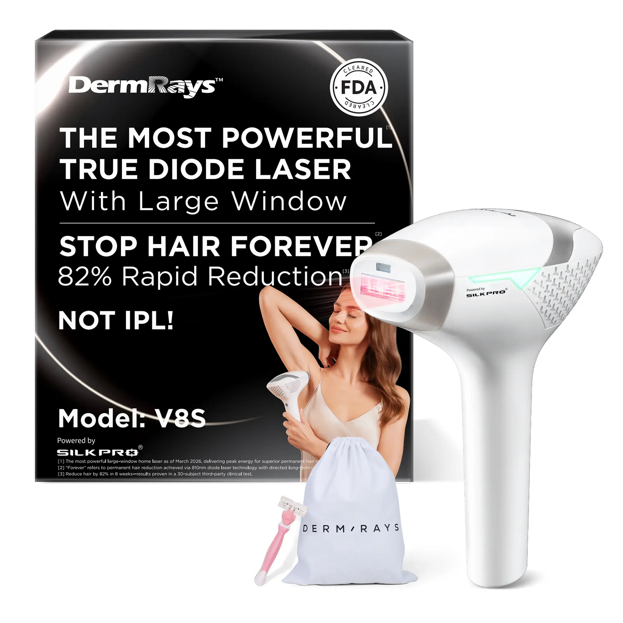 DermRays V8S Diode Laser Hair Removal Device - Painless At-Home Clinical Technology, 810nm Safe Device for Women & Men, Permanently Disables Hair Follicle on Face, Legs & Full Body/Bikini with Long-Lasting Results