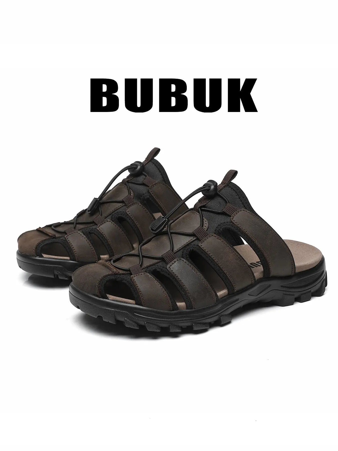 BUBUK  Men's First Layer Leather Sandals, Hand-Stitched Outdoor Wear, Durable Home & Car Use, Casual Slip-On Shoes