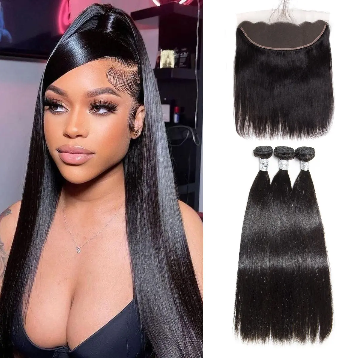 3PCS 9A Bundles with 13x4 HD Lace Frontal 100% Human Hair Natural Color 4 Texture Straight Body Wave Deep Wave Water Wave 10''-28'' Length No Thinning Full Root-to-Tip