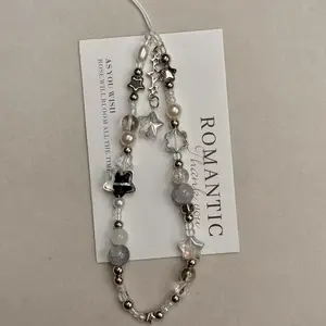 Fashion Silver Star Pearl Beaded Beaded Pendant Phone Strap Charm For iPhone Samsung Universal Accessories Chain Lanyard Gift