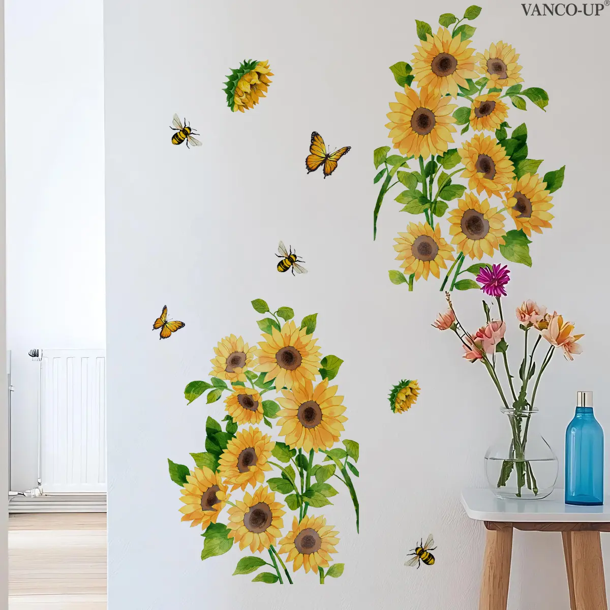 A set (30*40cm*2pcs) of autumn sunflower, bee and butterfly 2D flat wall stickers for home decoration and beautification, Floral Pattern Sticker, Sticker Decorations, M20372