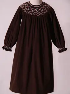 Chocolate Brown Corduroy Geo Smocked Long Sleeve Bishop Dress