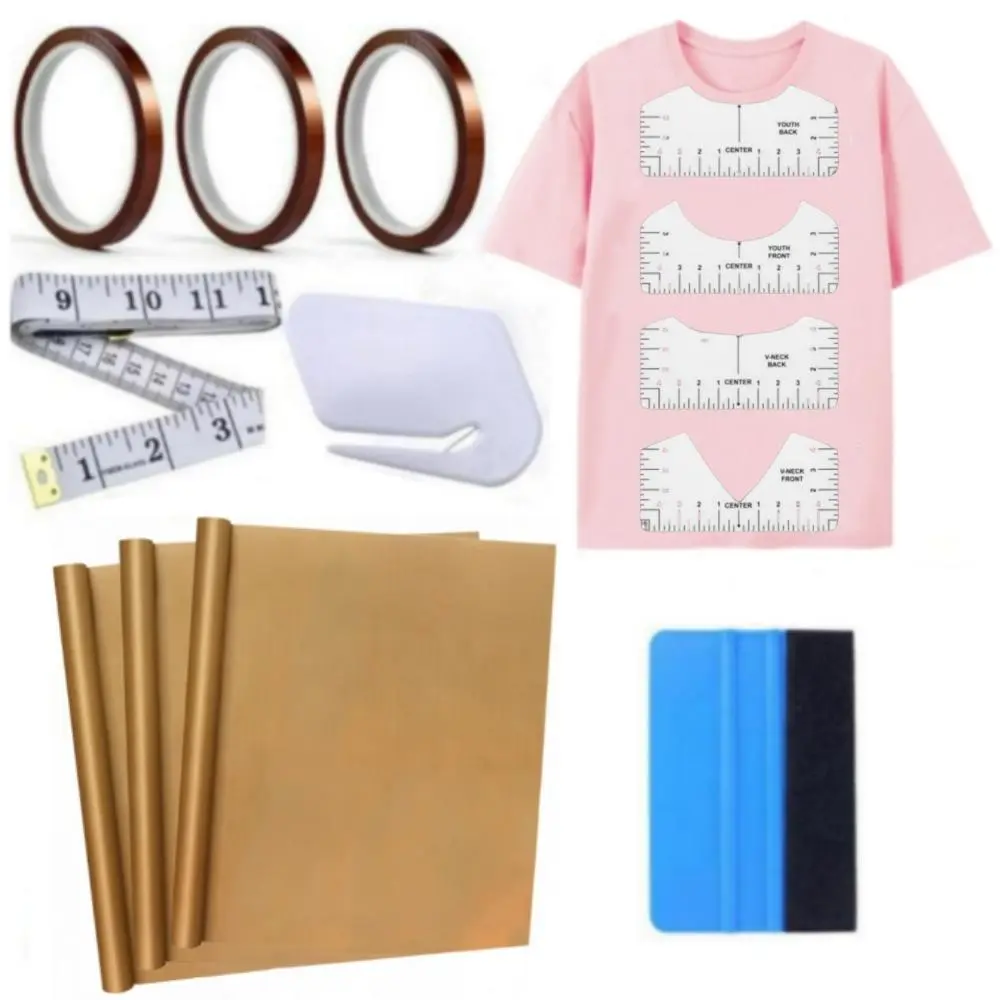Sublimation Shirts Tool Kits, 4 T-Shirt Rulers, 3 Pack 12×16in Teflon Sheet, 2 Rolls Heat Resistant Tape, Tape Measure & Squeegee for HTV Vinyl, Heat Press & DIY Crafts