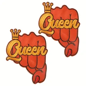 2D Flat 2pcs Creative Red Fist Crown Queen Embroidered Iron-on Patch Badge Applique for Clothing Hat Shoes Bag -DIY Sewing Accessories, Garment & Bag Decoration, Trendy Durable Embroidered Decorative Patches