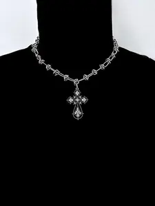 1PC Unisex Gothic Thorn Cross Necklace, Alloy with Crystal Studded Vintage Pendant, Punk Choker for Streetwear, Festival & Rave, Ideal Halloween Gift