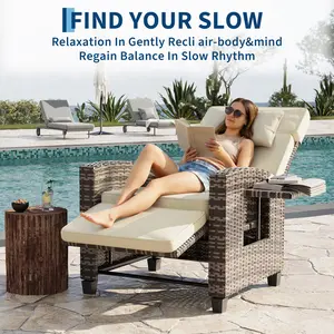 Adjustable Reclining Wicker Patio Chair with Footrest, Outdoor Rattan Sun Lounger with Removable Thick Cushion, Flip Side Table & Air Pump, Comfort Accent Chair for Garden Patio Indoor Outdoor