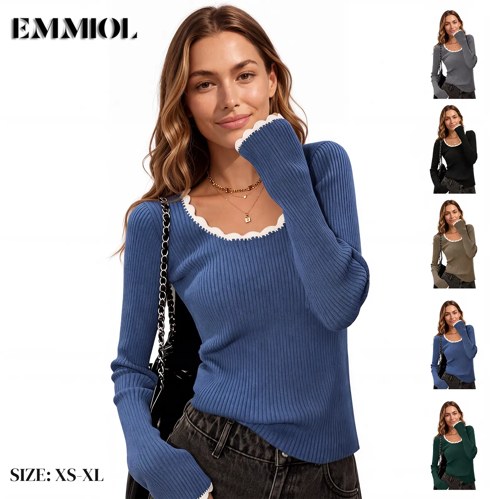 EMMIOL Womens Knit Cute Sweaters Ribbed Fitted Tops Scoop Neck Long Sleeve Shirts Going Out Y2K Outfits