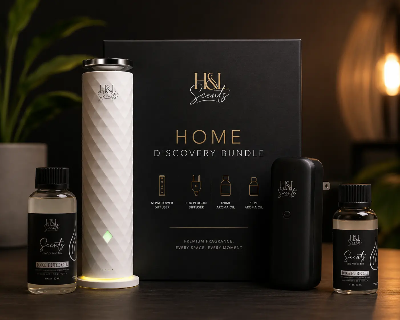 H&L Scents Home Discovery Bundle - Scented Oil Diffuser with Aroma Oil for Home/Car