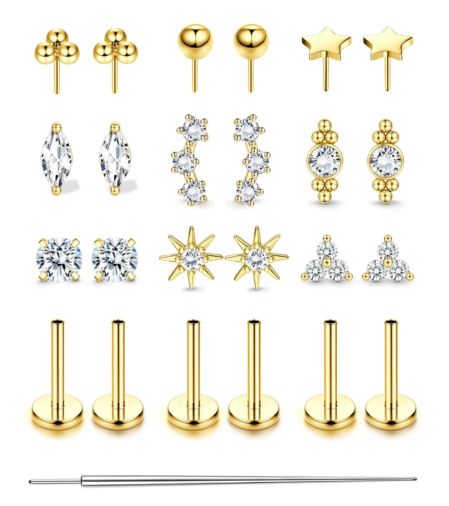 MILACOLATO 20G 18G Threadless Flat Back Earrings, Hypoallergenic Push in Stud Earrings 14K Plated Gold 316L Surgical Steel Cartilage Helix Conch Tragus Nose Piercing Jewelry for Women, Threadless Piercing