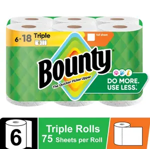 Bounty Paper Towels Full Sheet White, 6 Triple Rolls, 75 Sheets per Roll