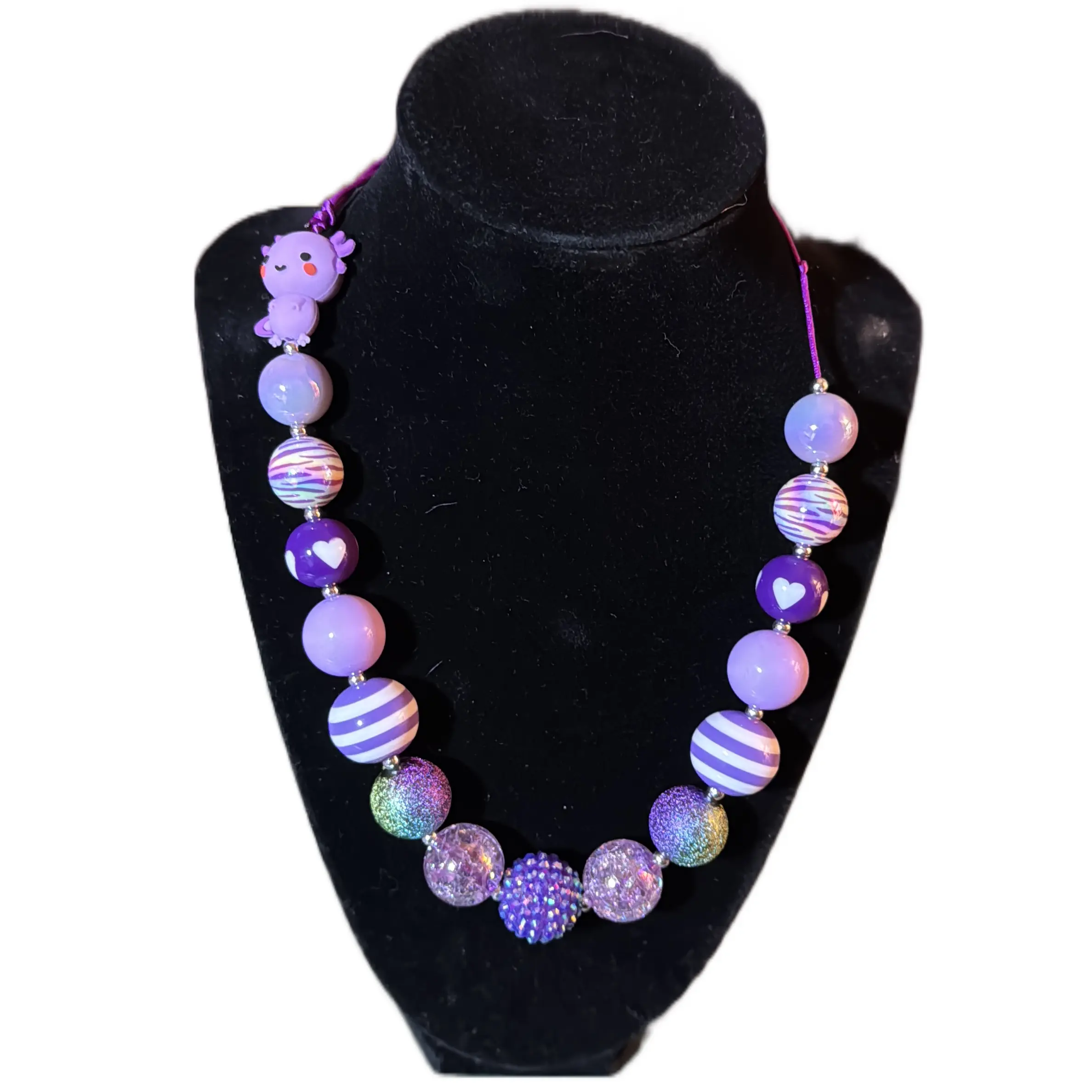 Dancing Axolotl Kids Bubblegum Necklace with White and Purple Beads