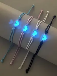 4 Piece Set Glow-In-The-Dark Heart Bff Bracelets, Simple Cute Handmade Knitted Friendship Wristbands, Perfect Gift for Family Friends