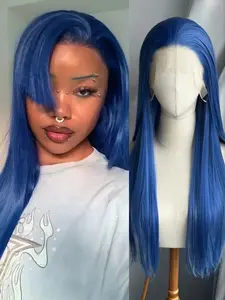 Blue Straight Hair Free Part Natural Hairline 13×4 Lace Part Silk Straight Ash Blue Heat Resistant Lace Front Synthetic Wigs for Men Women Use Cosplay Daily Wear Blue Wig