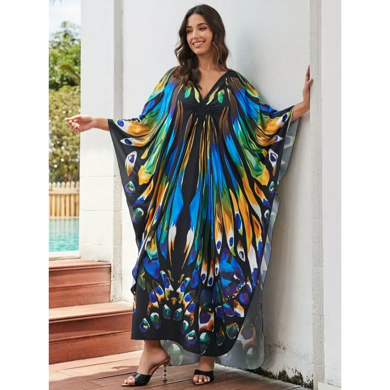 Bohemian style Plus Size Womens V Neck Boho Chic Butterfly Print Maxi Kaftan Dress - Loose Fit, Non-Stretch Polyester, Asymmetrical Hem, Pullover, Hand Wash Only, Woven, Random Printing - Perfect for Beach, Vacation, and Summer Wear