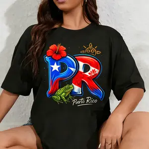 Women's 100% Cotton Round Neck Tee - Puerto Rico PR Hibiscus Coqui Frog Floral Garment, Rican Heritage Culture Fabric T-Shirt