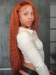 Loose Curly Copper Red Synthetic Lace Front Wig for Women Glueless Long Water Wave Ginger Red 13x4 Lace Front Wigs Pre Plucked with Baby Hair 28 Inches 150 Density
