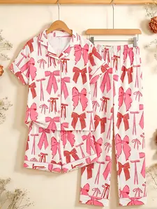 3-Piece Kids Pajama Set, Flame-Resistant Soft Fabric, Button Short Sleeve Top, Elastic Shorts, Butterfly Print, Casual Style, Ages 8-12, Sleepwear Set
