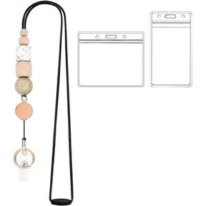 Retractable Lanyards for ID Badges and Keys, Cute Breakaway Teacher Lanyard with Badge Holders and Reels, Silicone Beaded Lanyard for Women, Nurses, Office with 2 Waterproof Card Holders