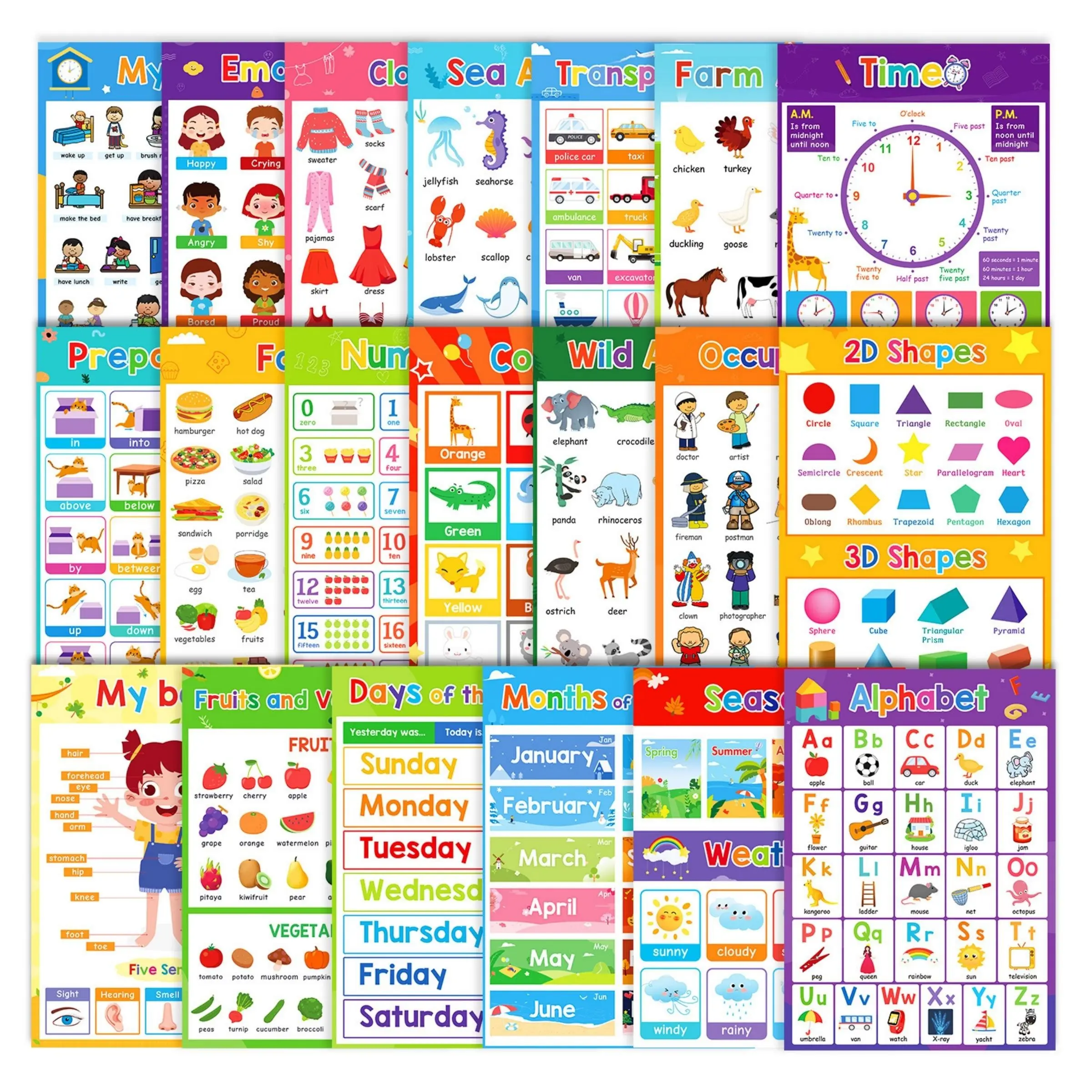 20-Piece Educational Poster Set, Visual Learning Tools, Preschool Learning Materials, Alphabet Learning Chart, Time Fruit Color Animal Body Learning Posters, Ideal for Home Decor & Classroom Walls, Teaching Supplies, School Supplies