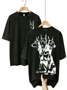 Men's Cotton Oversized Washed Short-Sleeve Tee - 3-Headed Doberman Graphic, Dark Dog Grunge Y2K Unisex Streetwear T-Shirt