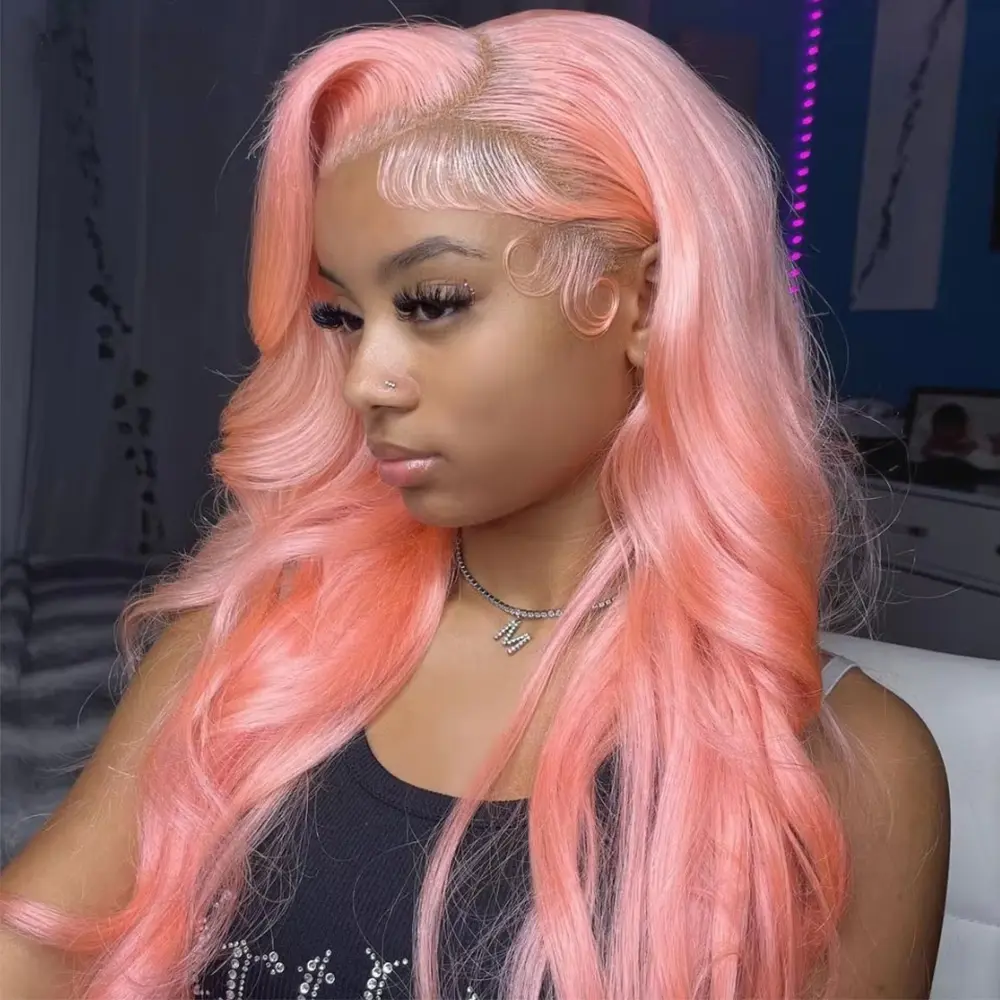 Light Pink Body Wave Lace Front Wigs Human Hair Brazilian 13x6 Transparent Lace Front Wigs Human Hair Glueless Wig Pre Plucked 180 Density 24 26 inch Pink Colored Body Wave Wig Human Hair For Women With Baby Hair