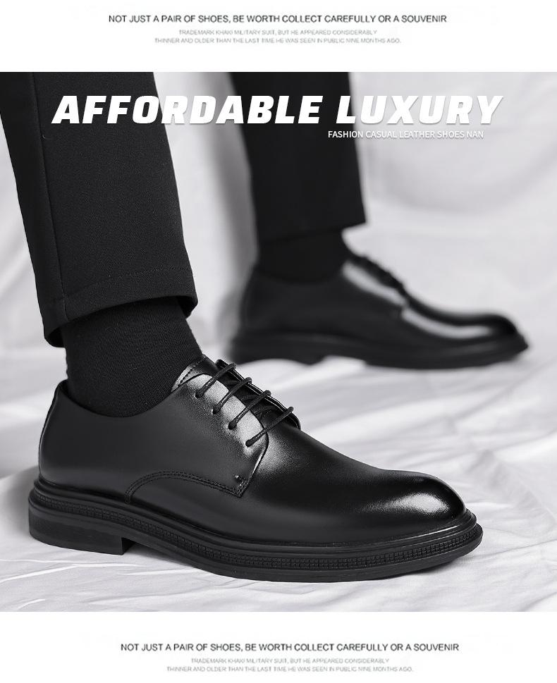 Men’s leather dress shoes for autumn, British style, low-cut black design suitable for commuting and business attire, pairs well with suits.