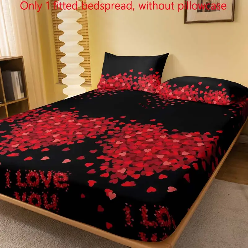 Sweet Romantic Heart & Letter Print Pattern Fitted Sheet, 1 Count Soft Comfortable Bedspread, Bedding Supplies for Home Decor, Bedroom Accessories (Ex
