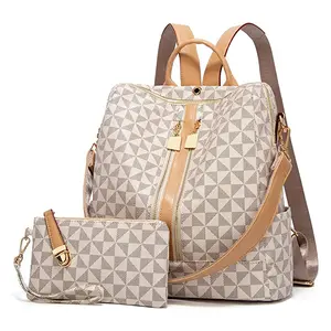 Women's Vintage Anti-Theft Backpack with Wristlet Large Capacity Geometric Print Travel Daypack & Casual Bag for Everyday Use