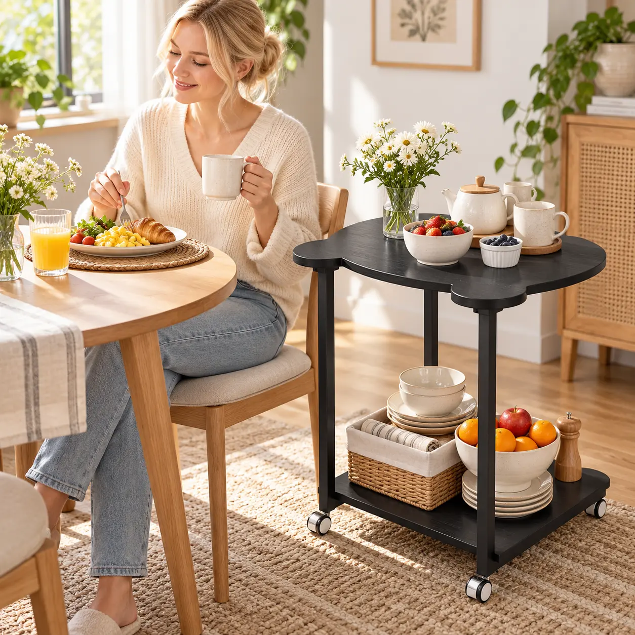 Elegant Black Serving Cart with Wheels and Storage Basket for Kitchen and Dining Room Use