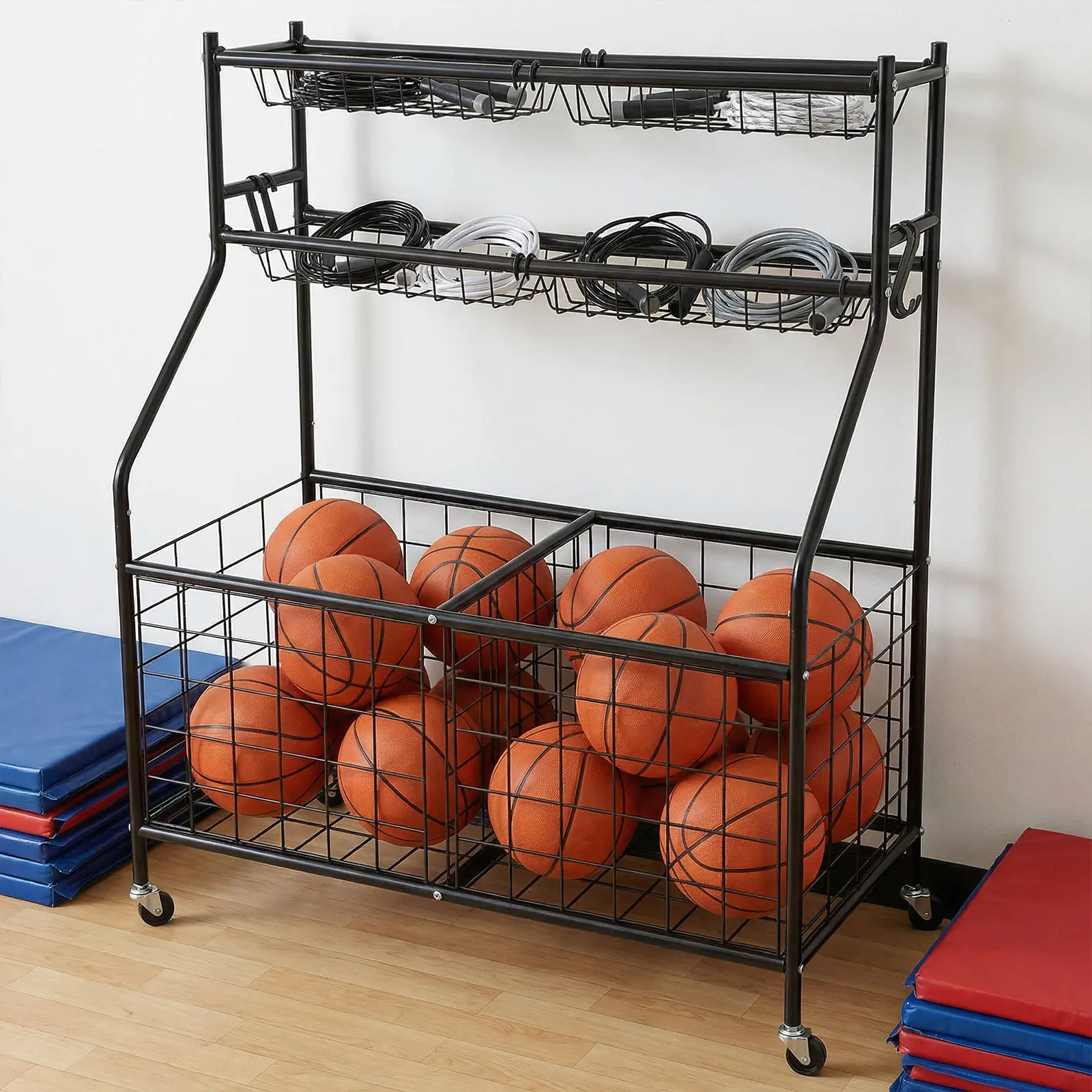 Heavy-Duty Rolling Sports Gear Organizer with Wheels - Open Frame, Ventilation Design, Large Capacity Rack for Basketball, Soccer, Team Sports Balls, Outdoors & Garage Storage Solution for Coaches