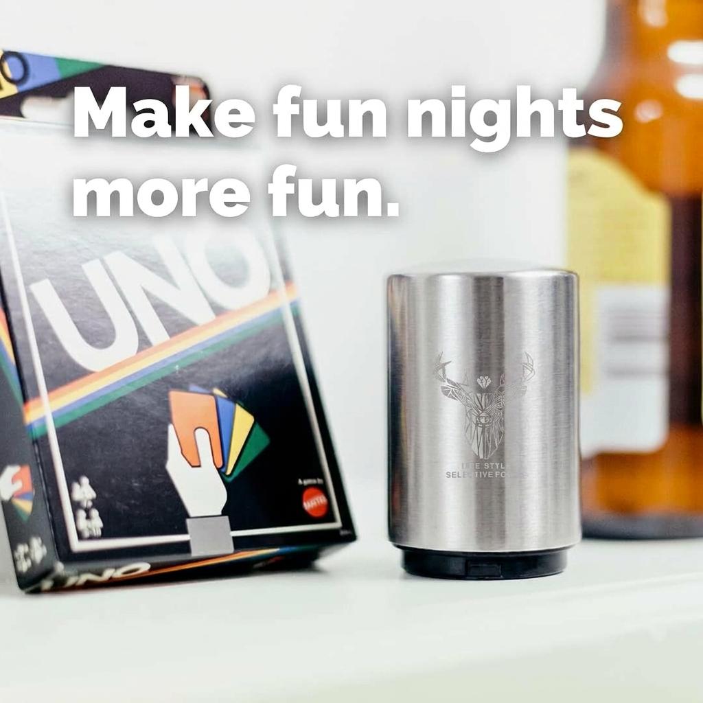 2pcs Brushed Silver Magnetic Cap Automatic Bottle Opener, Stainless Steel One-Handed Push-Pop Spring Beer Opener, Portable Household Bar Restaurant Beer Can Opener, Elk Style Practical Home Essential, Perfect Beer Accessory Gift