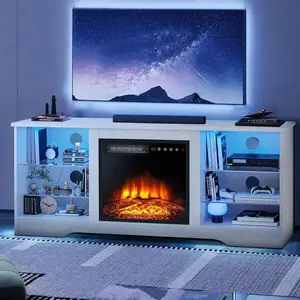 58" Fireplace TV Stand With LED Strip & 18" LED Flames – 5 Brightness Levels, Remote Control, Glass Shelves, Storage Cabinet, Media Console For Living Room, Perfect Holiday Gift
