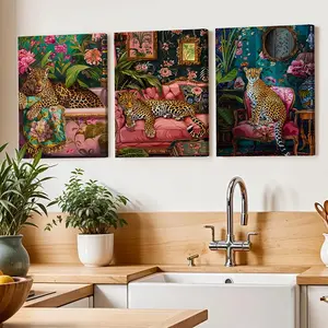 3 Piece Set Wooden Framed Canvas Poster, Leopard, Floral Leopard Print, Lion, Tiger, Tropical Jungle Style, Animal Art, Fantasy, Realist Art, Home Decor, Art Print, Wall Art for Living Room, Bedroom, Office, Hallway, Ideal Gift For Friends