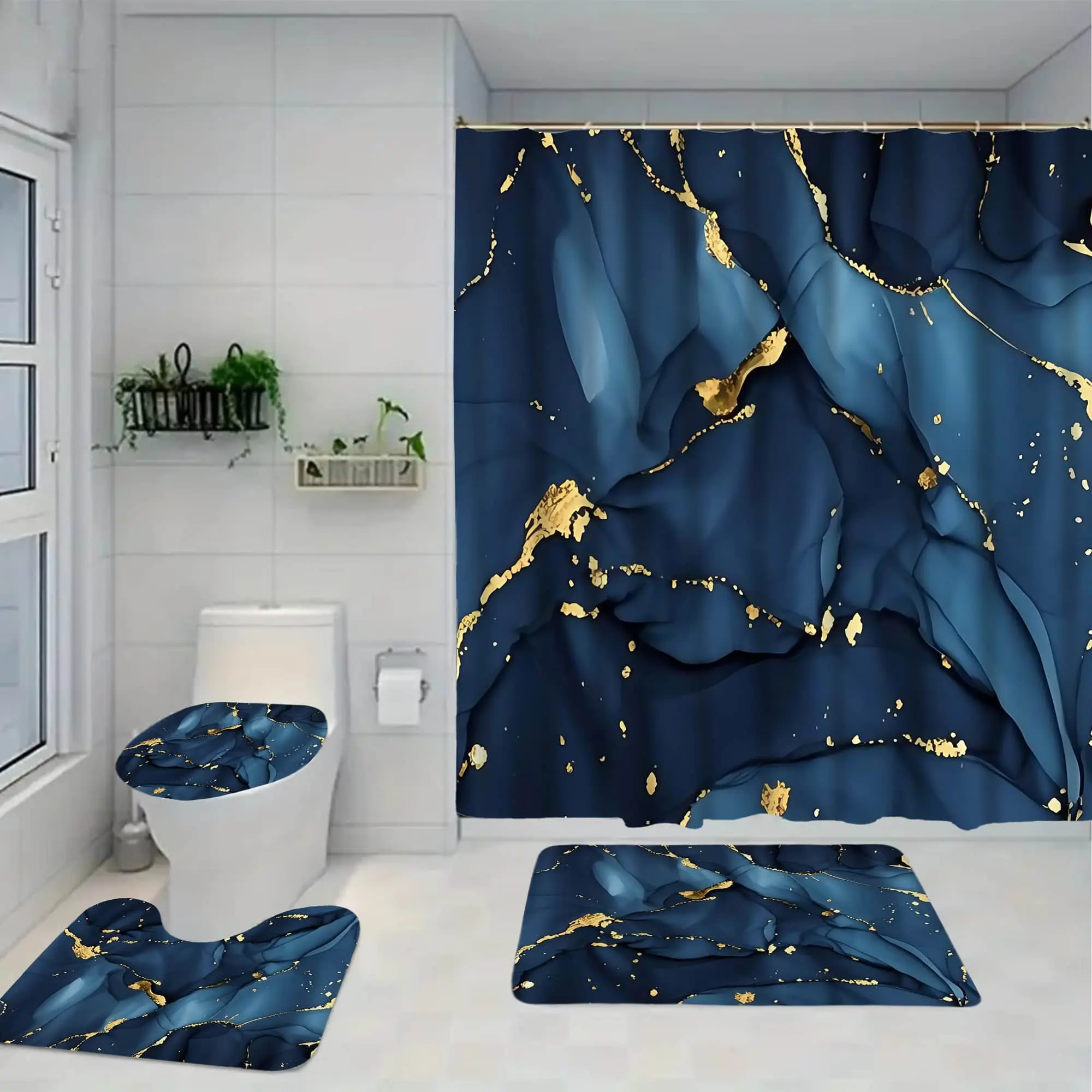 Blue gold gilt fluid pattern shower curtain set, waterproof shower curtain with 12 hooks, non-slip bathroom carpet, toilet U-shaped cushion, toilet seat cover cushion, bathroom shower curtain set, perfect moving gift.