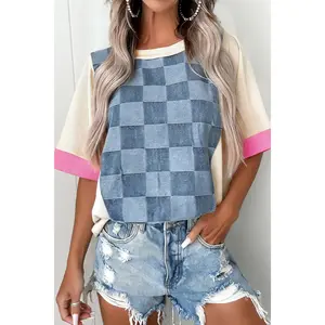 Dusk Blue Checkered Denim Patchwork Short Sleeve Loose Top