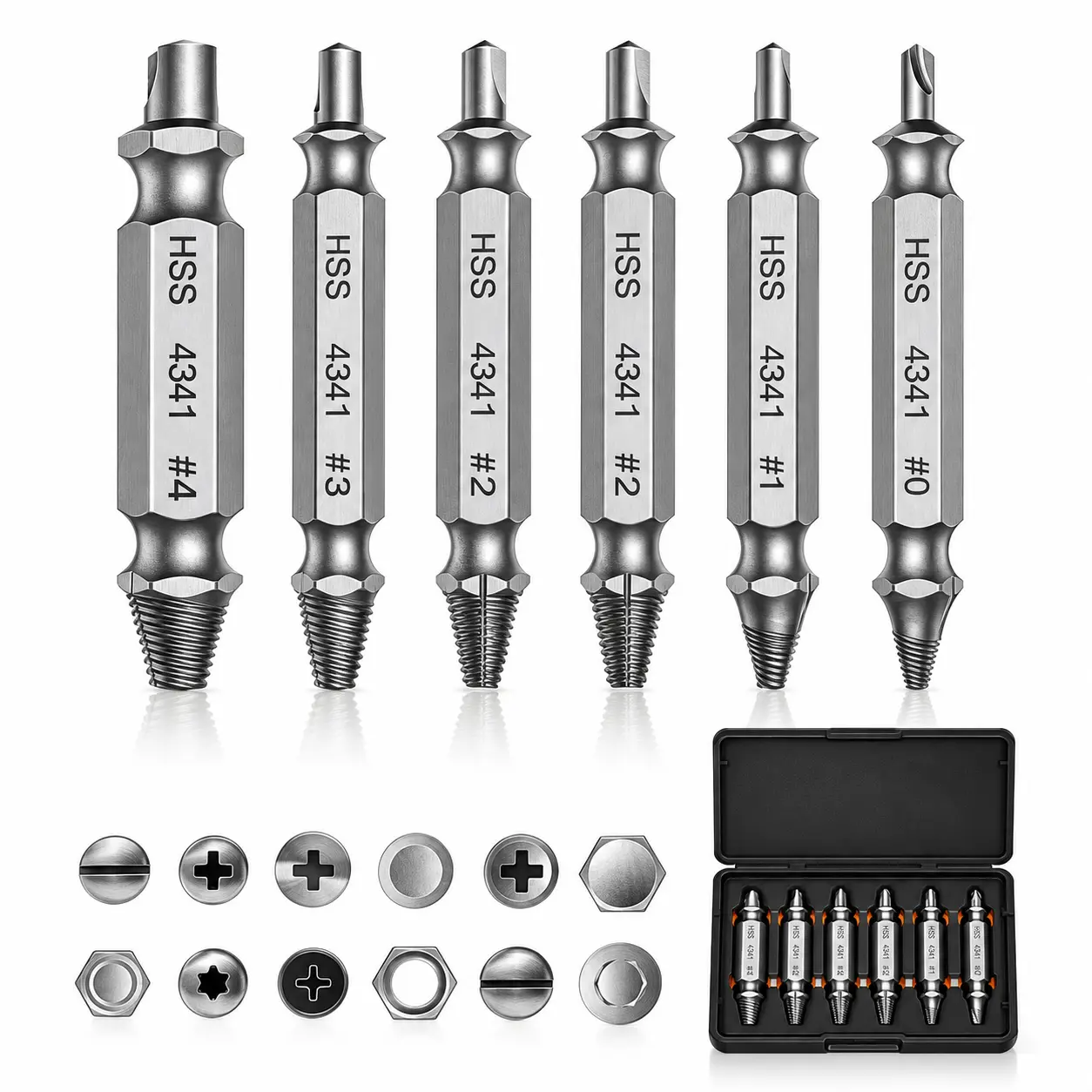 6-Piece HSS Steel Stripped Screw Extractor Kit Hardened Heat-Treated Hex Shank Smart Design Case 2-Step Operation Fits 1/4 or 3/8 Drills Hand Tool Compatible for Automotive Brake Work Furniture Assembly Mechanical Maintenance