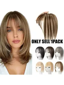 Real Human Hair Topper Extensions with Bangs for Women Suitable for Baldness Coverage, Volume Increase, Straight Human Hair with Breathable Base (5x9cm), Easy Wear for Daily Use or for Hiding White Hair