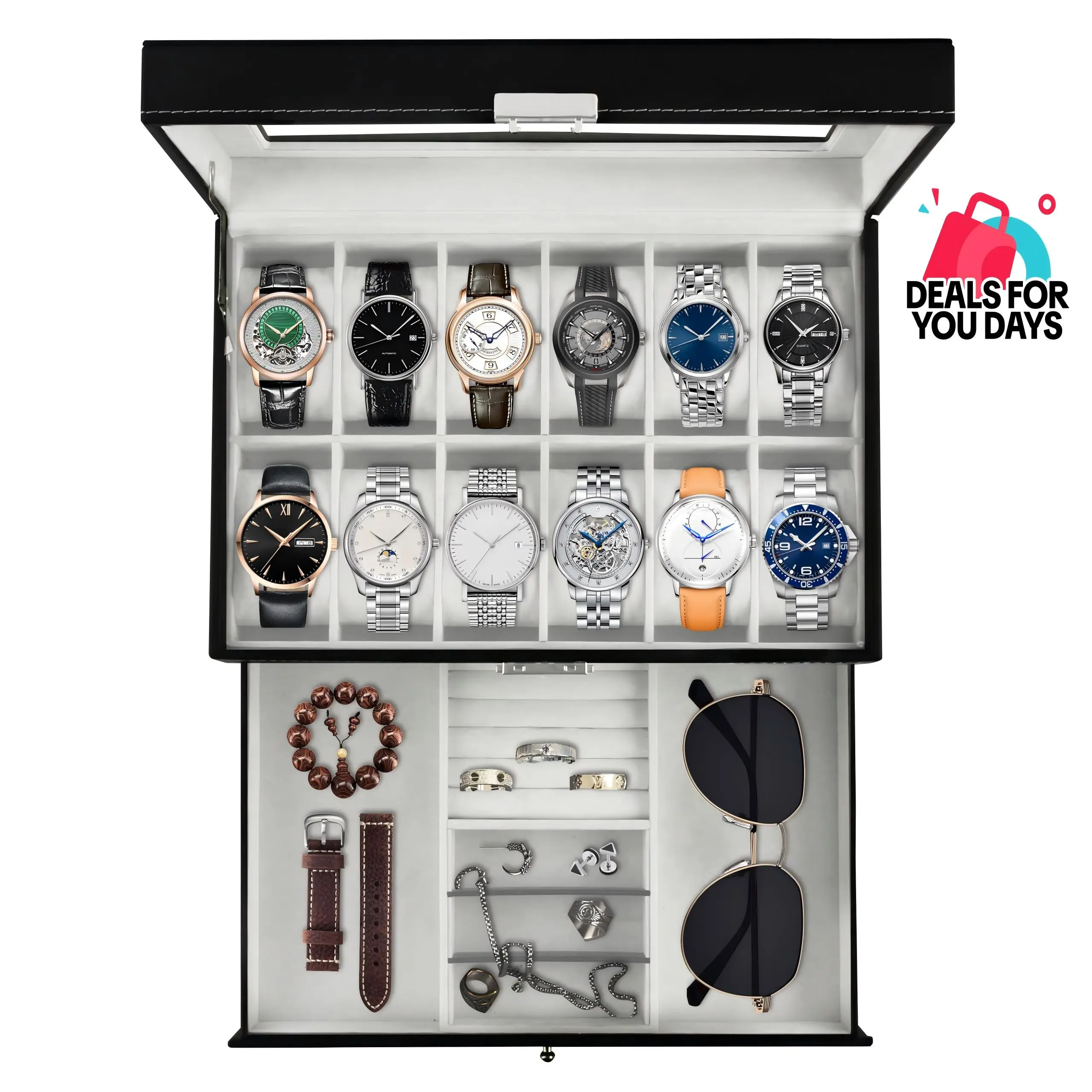 [Summer Sale Deals] Lockable PU Leather 12-Slot 2-Tier Watch Storage Box - Glass Lid Unisex Jewelry Display Drawer Case, Men's Accessories, Guys Gifts, Accessories for Women