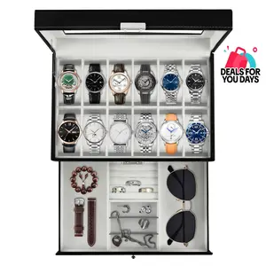 [DealsForYouDays] fathersdaygift Lockable PU Leather 12-Slot 2-Tier Watch Storage Box - Glass Lid Unisex Jewelry Display Drawer Case, Men's Accessories, Guys Gifts, Accessories for Women