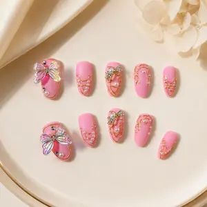 Press-On Nails, Pink Butterfly-Patterned, Pearl-Adorned, Almond-Shape (Beauty & Personal Care Nail Art Decoration Accessory)