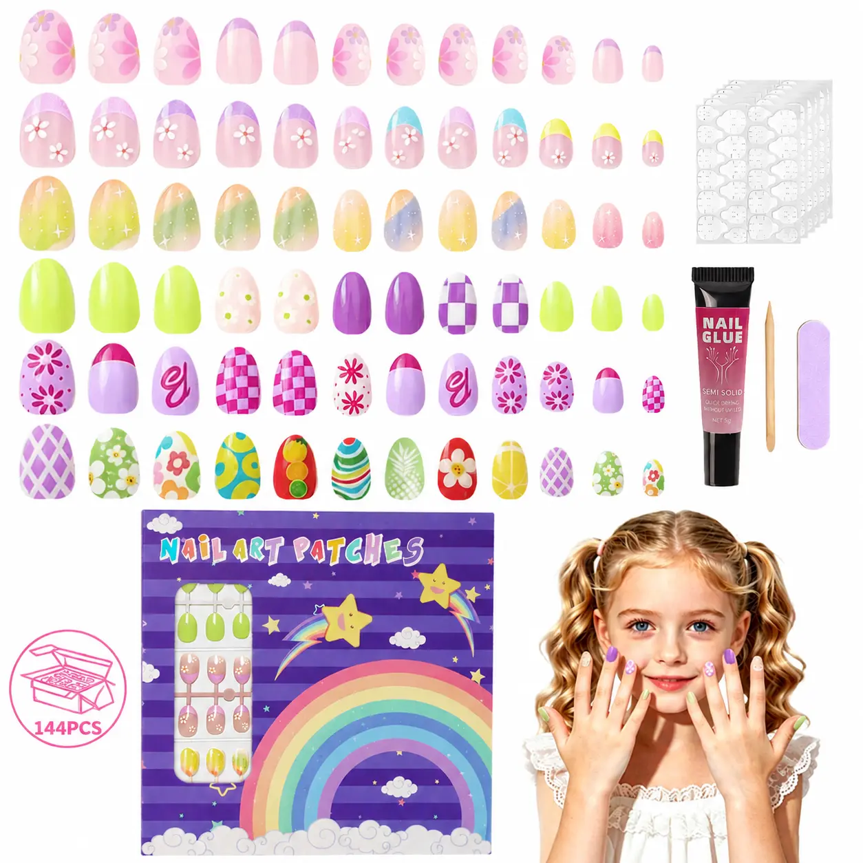 Kids Press On Nails Kit, 6 Pack 144PCS Colorful Flower Fake Nail Tips for Girls Ages 4-12, Almond Shape Nail Set with Jelly Glue & Nail Adhesive, Birthday Gifts & Holiday Surprises