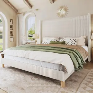 【Summergarden】Queen Bed Frame with 51.2" Tall Headboard, Corduroy Upholstered Bed Frame with Wingback, Platform Bed with Wooden Slats Support, Easy Assembly, No Box Spring Needed, Beige